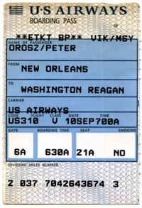 Beszállókártya a 2001. szeptember 10. reggeli U.S. Airways New Orleans-Washington járatra